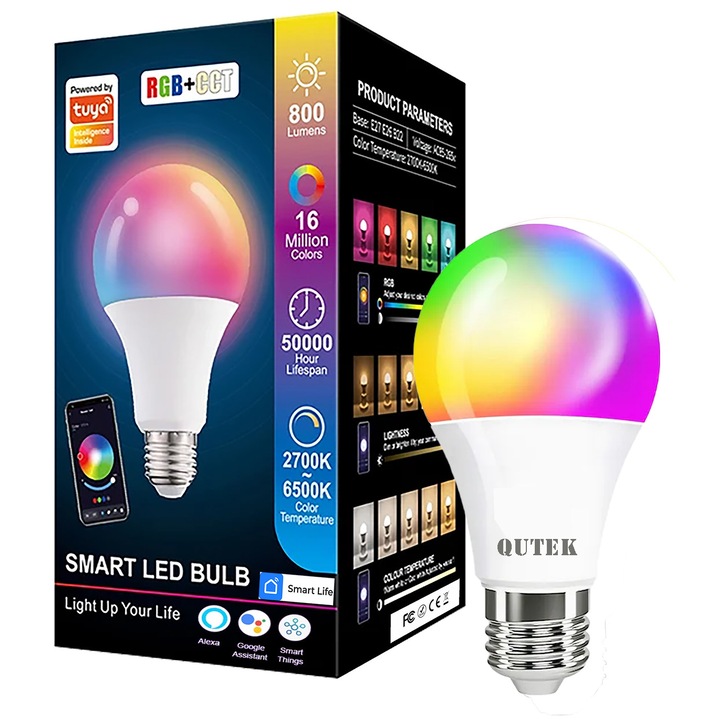 Интелигентна RGB LED крушка, Wi-Fi, E27, 10W, 810 lm, бяла и цветна светлина, гласово управление, съвместима с Google Assistant, Amazon Alexa, QUTEK