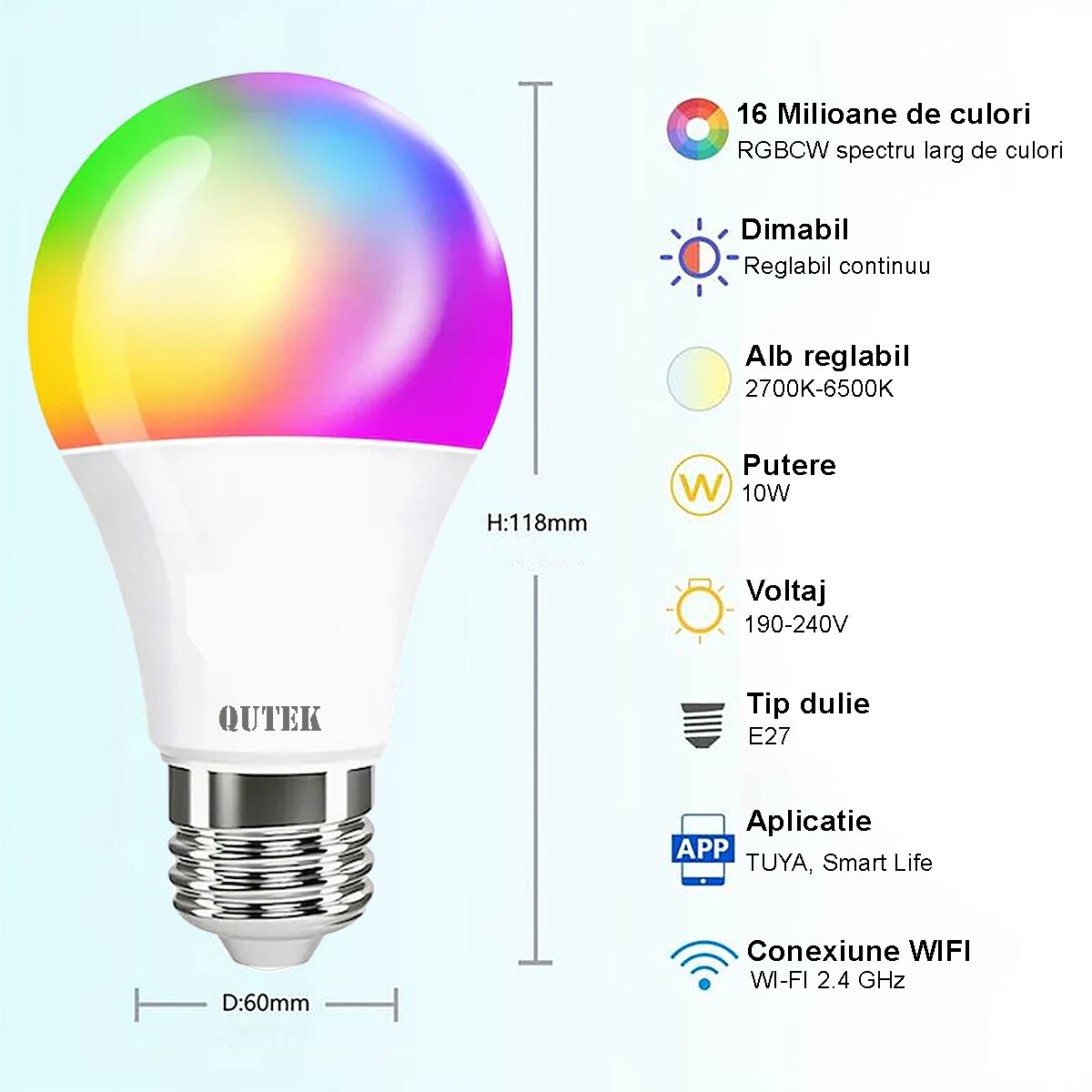 Bec Led Rgb Inteligent Wi Fi E27 10w 810 Lm Lumina Alba Si