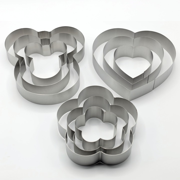Set Forme Tort Inox - 3 Modele Festive (Mickey Mouse, Inima, Floare) - 9 Dimensiuni