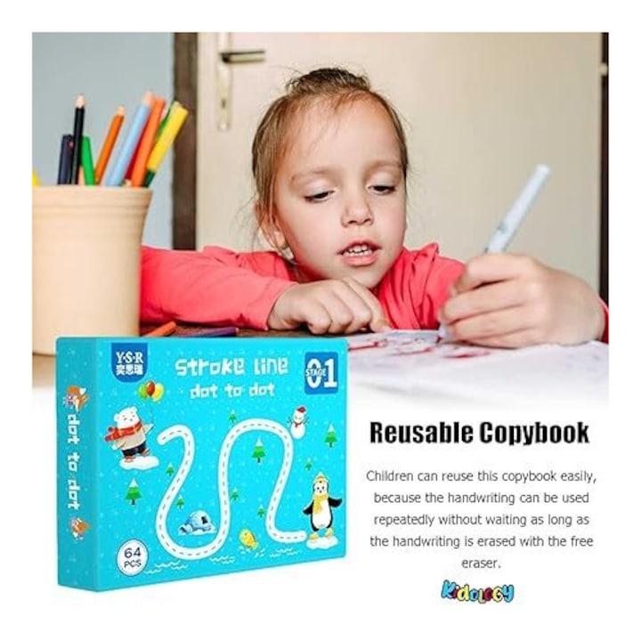 Exercitii copii, set interactiv, activitati usoare si interactive, incurajeaza independenta, linii proeminente, usor vizibile, conectarea logica a obiectelor, alaturarea punctelor, urmarirea liniilor numerotate, reutilizabile - DOTODOT