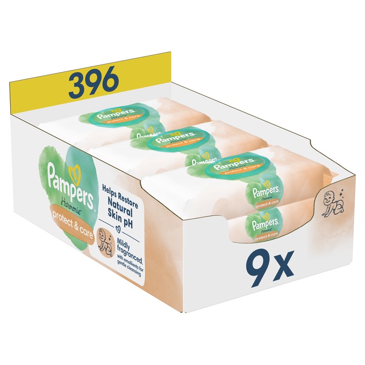 Мокри кърпички с невен Pampers Harmonie Protect & Care, 9 опаковки x 44, 396 броя