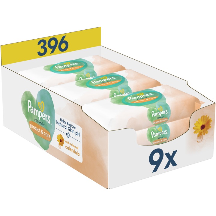 Мокри кърпички с невен Pampers Harmonie Protect & Care, 9 опаковки x 44, 396 броя