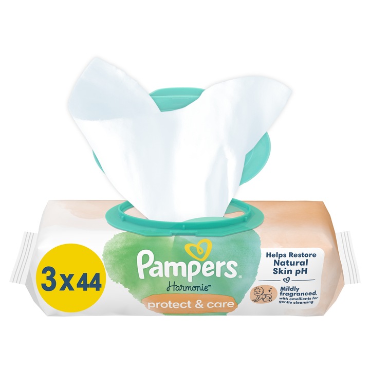 Мокри кърпички Pampers Harmonie Protect & Care с невен, 3 опаковки x 44, 132 бр