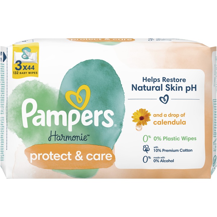 Мокри кърпички Pampers Harmonie Protect & Care с невен, 3 опаковки x 44, 132 бр