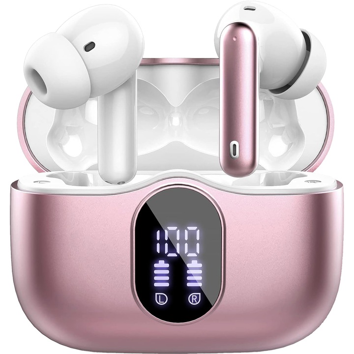 Casti audio wireless Smarty® Play Pro, fara fir, Bluetooth 5.3, Deep Bass, Microfon HD, Control prin atingere, Afisaj Digital, Functie Noise Cancellation, Tehnologie ANC-ENC, Incarcare Rapida, Asistent Vocal, Rezistente la apa, Carcasa Magnetica, Alb/Roz