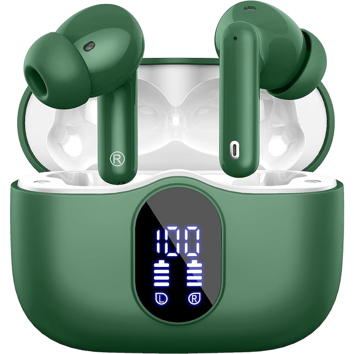 Casti audio wireless Smarty® Play Pro, fara fir, Bluetooth 5.3, Deep Bass, Microfon HD, Control prin atingere, Afisaj Digital, Functie Noise Cancellation, Tehnologie ANC-ENC, Incarcare Rapida, Asistent Vocal, Rezistente la apa, Carcasa Magnetica, Verde