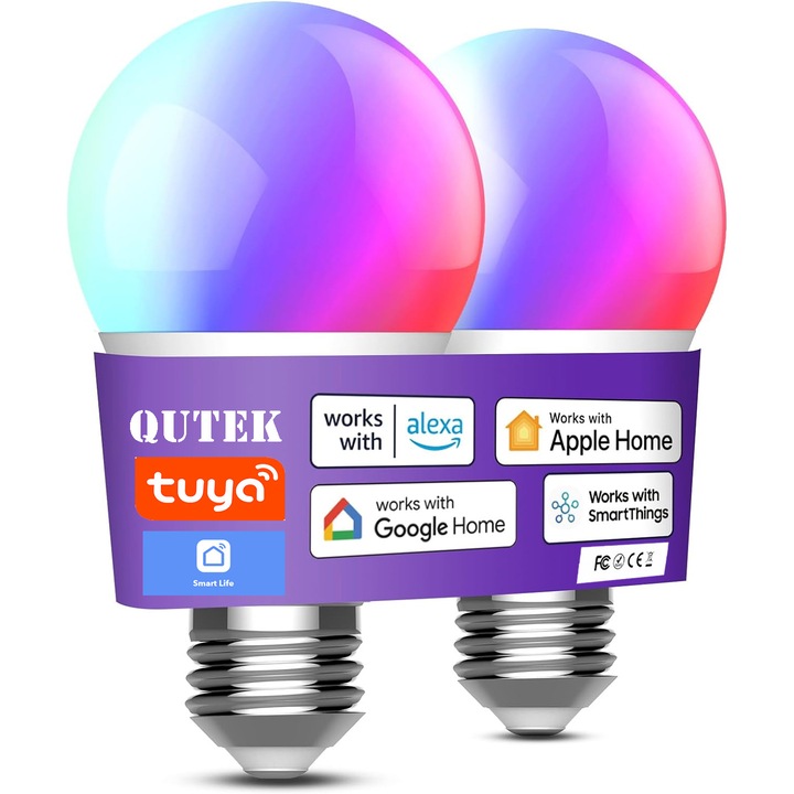 Пакет от 2 смарт RGB LED крушки, Wi-Fi, E27, 10W, 810 lm, бяла и цветна светлина, гласово управление, съвместими с Google Assistant, Amazon Alexa, QUTEK
