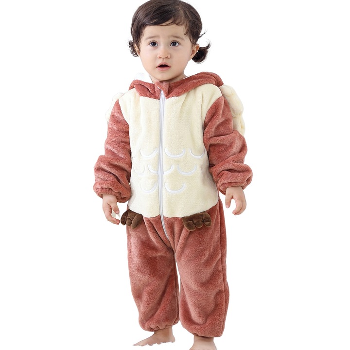 Pijamale copii kigurumi WildFashion, 218557, Fleece, 70 CM, Alb Crem/Maro
