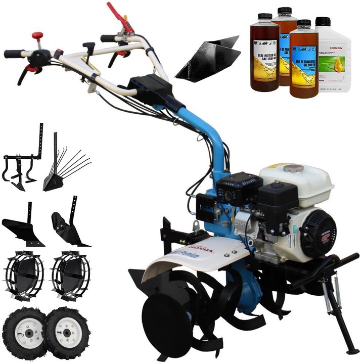 Motocultor AGT 7500 PREMIUM, motor Honda GX200, 6.5 CP, latime lucru 80 cm, 2+1 viteze, freze, rarita fixa, roti cauciuc 4.00-8, roti metal, plug arat, rarita reglabila, plug cartofi, cultivator, 3.6l ulei