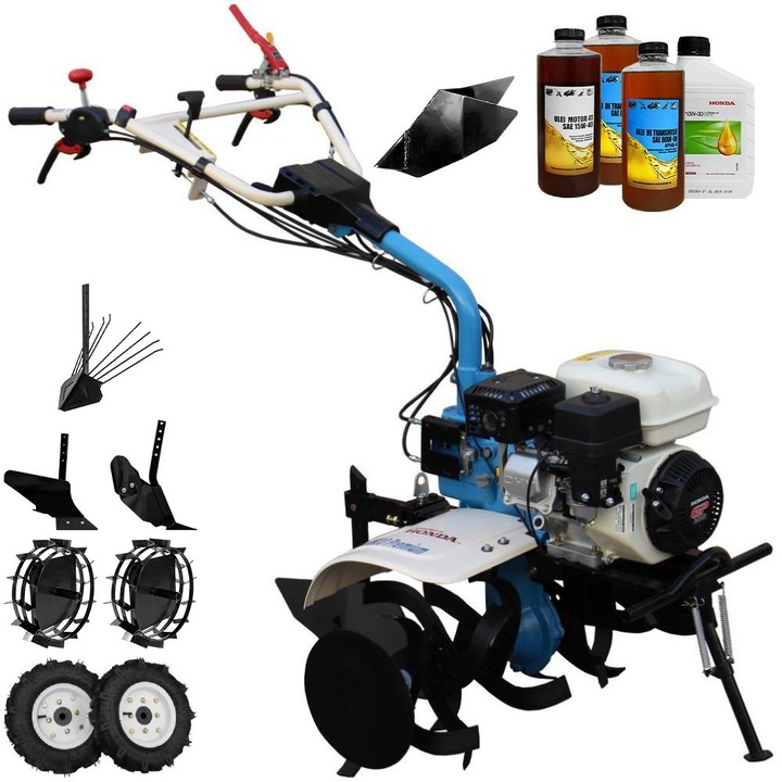 Motocultor AGT 7500 PREMIUM, motor Honda GX200, 6.5 CP, latime lucru 80 cm, 2+1 viteze, freze, rarita fixa, roti cauciuc 4.00-8, roti metal, plug arat, rarita reglabila, plug cartofi, 3.6l ulei