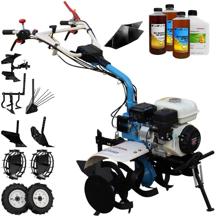 Motocultor AGT 7500 PREMIUM, motor Honda GX200, 6.5 CP, latime lucru 80 cm, 2+1 viteze, freze, rarita fixa, roti cauciuc 4.00-8, roti metal, plug arat, rarita reglabila, plug cartofi, cultivator, plug reversibil, 3.6l ulei
