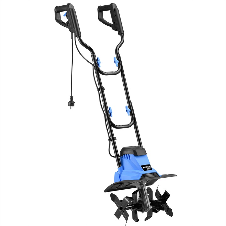 Електрическа мотофреза Kanwod Grave, мощност 1050W, 380 об/мин, работна ширина 36 см, максимална дълбочина 22 см, 505x385x305 мм, 8,7 кг, черно/синьо