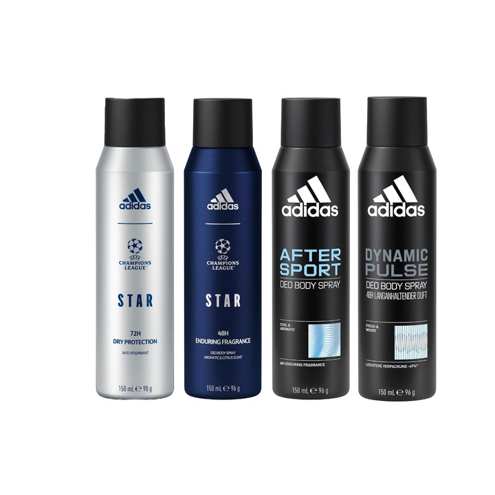 Комплект от 4 x Adidas Variety спрей дезодоранти против изпотяване 150 ml, 1x Dynamic Pulse, 1x After Sport, 1x Star Enduring Fragrance, 1x Star Dry Protection, Anti-White Marks, 48hrs