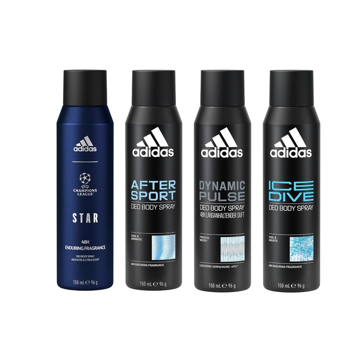 Комплект от 4 x Adidas Variety спрей дезодоранти против изпотяване 150 ml, 1x Dynamic Pulse, 1x After Sport, 1x Star Enduring Fragrance, 1x Ice Dive Anti-White Marks, 48 часа