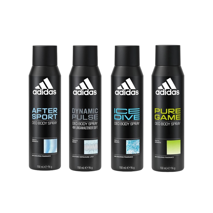 Комплект от 4 x Adidas Variety спрей дезодоранти против изпотяване 150 ml, 1x Dynamic Pulse, 1x After Sport, 1x Pure Game, 1x Ice Dive Anti-White Marks, 48 часа