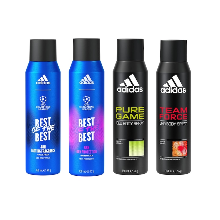 Комплект от 4 x Adidas Variety спрей дезодоранти против изпотяване 150 ml, 1x Best of the Best High Efficacy, 1x Team Force, 1x Best of the Best Cool&Fresh, 1x Pure Game, Anti-White Marks, 48hrs