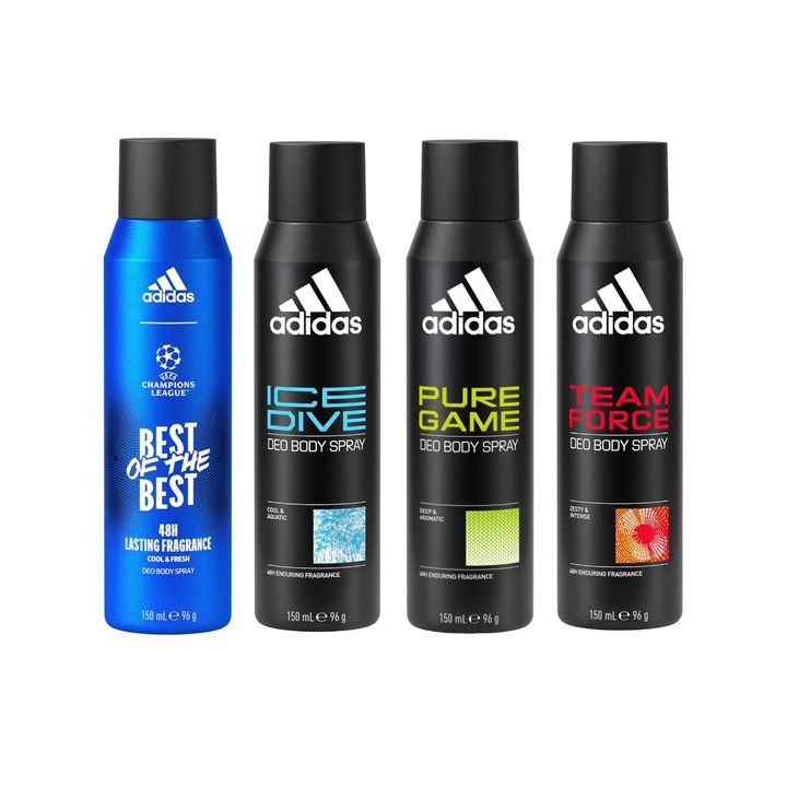 Комплект от 4 x Adidas Variety спрей дезодоранти против изпотяване 150 ml, 1x Ice Dive, 1x Pure Game, 1x Best of the Best Cool&Fresh, 1x Team Force, Anti-White Marks, 48hrs