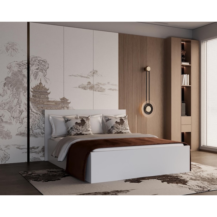 Pat cu saltea, 160x200 cm, Alb, Pal 18 mm