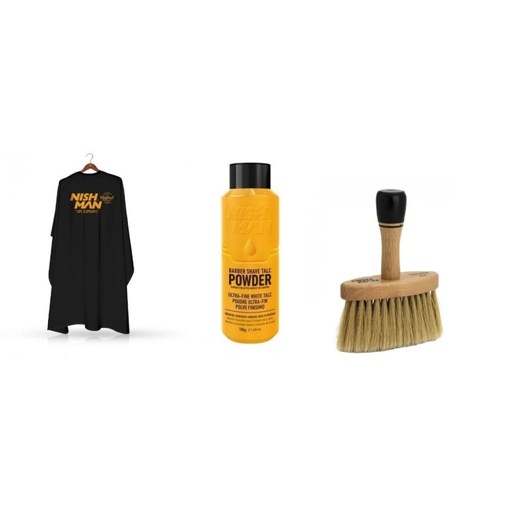 Set Profesional NishMan pentru Coafor/Frizerie - Pelerina Profesionala, Pudra de Talc Parfumata si Pamatuful Perfect pentru Ingrijirea Tunsului