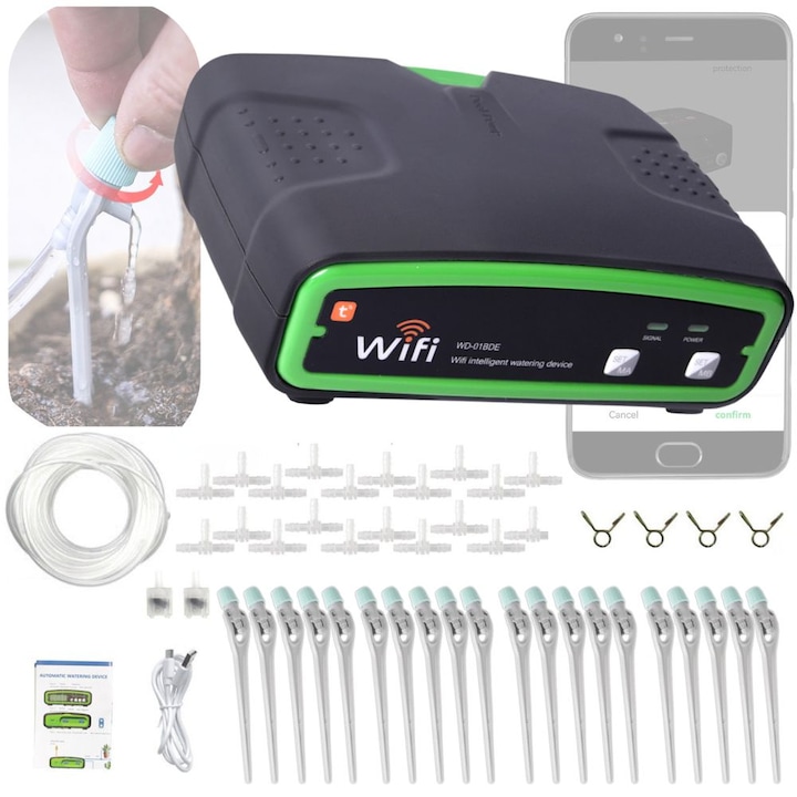 Kit de irigare la radacina plantelor, MOGODA, Florilor, WIFI, pentru 20 Ghivece, Jardinere, 2 Pompe, Programator irigare, Aplicatie IOS si Android Smart Life, Negru