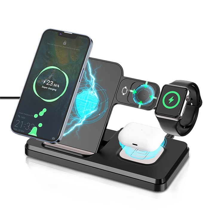 Incarcator wireless 3 in 1, incarcare rapida 15W, iOS Android compatibil iPhone Apple Watch Samsung, pliabil, negru