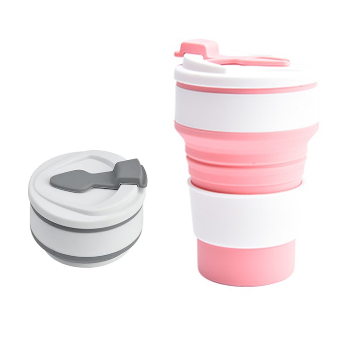 2db összecsukható élelmiszeripari szilikon bögre készlet, újrafelhasználható, 350 ml, 6,2-13,5 cm, utazáshoz, autóhoz, irodához, kempingezéshez, szabadtéri tevékenységekhez, szürke és rózsaszín