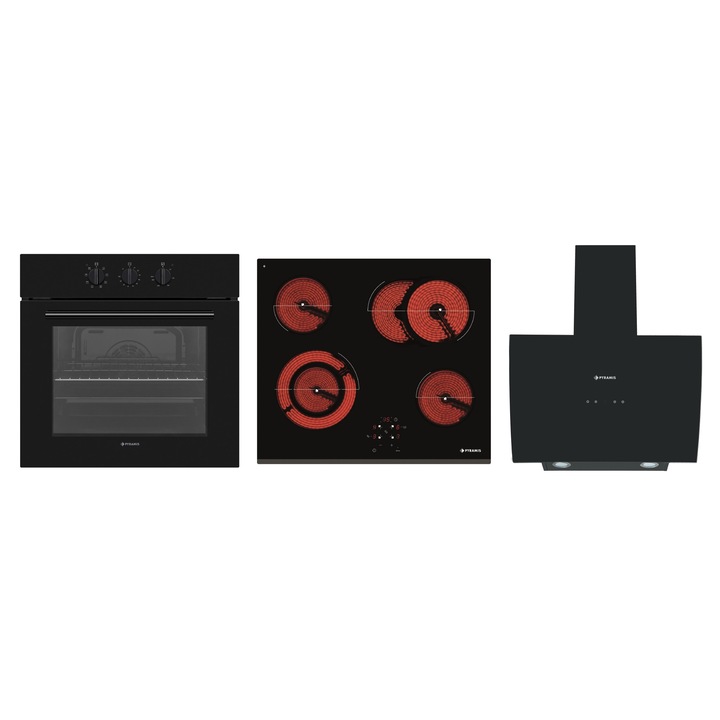 Pachet Pyramis PHC 61631BFB9001 DTBG, cuptor electric incorporabil, plita vitroceramica si hota decorativa, 8 moduri de operare, clasa A, volum 69 litri, control mecanic, timer, easy clean, 6 zone de gatit vitro, finisaj sticla neagra