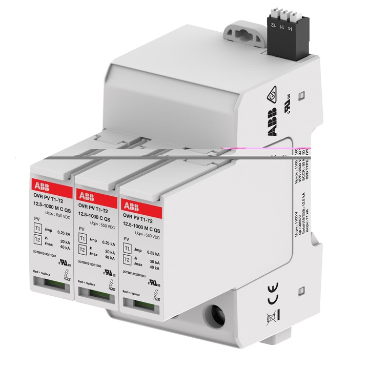 Descarcator supratensiuni ABB 2CTB812121R1000, T1+2 1000VAC, 3P, 12,5/20KA, 1NO+1NC, cu contact auxiliar pentru monitorizare durata de viata
