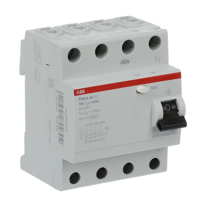 Siguranta electrica automata diferentiala ABB 2CSF204002R1630, RCCB, latime 4 module, 1KA 4P 30MA AC 63A