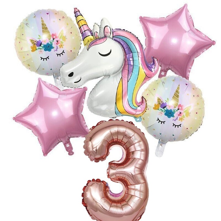 Set 6 baloane folie aniversare 3 ani, folie figurina Unicorn, zi de nastere, 2 baloane folie rotunde Happy Birthday, 2 stelute roz si cifra folie roz