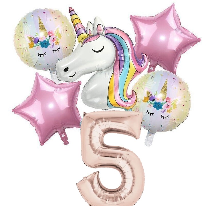 Set 6 baloane folie aniversare 5 ani, folie figurina Unicorn, zi de nastere, 2 baloane folie rotunde Happy Birthday, 2 stelute roz si cifra folie roz