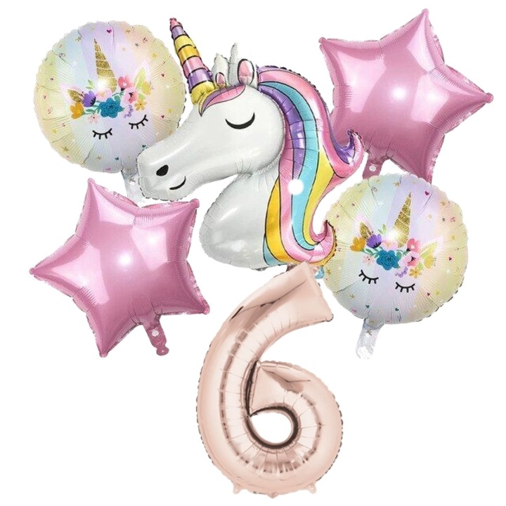 Set 6 baloane folie aniversare 6 ani, folie figurina Unicorn, zi de nastere, 2 baloane folie rotunde Happy Birthday, 2 stelute roz si cifra folie roz