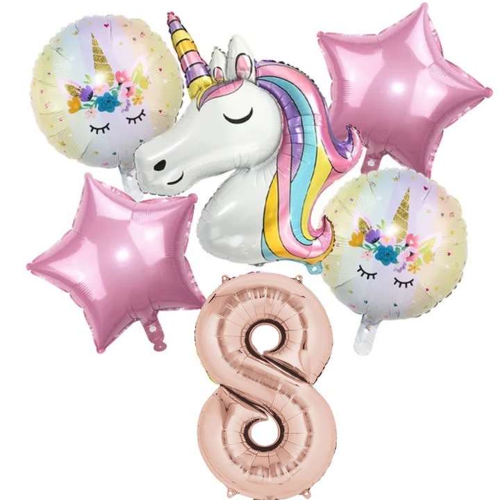 Set 6 baloane folie aniversare 8 ani, folie figurina Unicorn, zi de nastere, 2 baloane folie rotunde Happy Birthday, 2 stelute roz si cifra folie roz