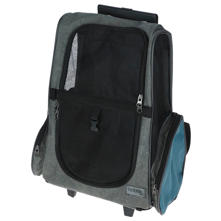 Geanta de transport pe roti pentru caini, Kerbl Vacation, 41x26x55x103cm, gri/albastru, cu manere telescopice, transformabila in rucsac