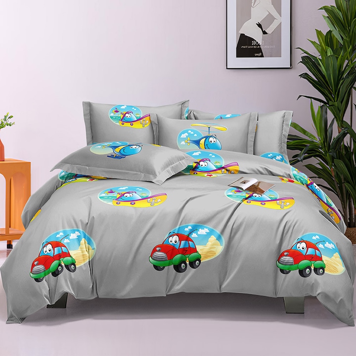 Set de lenjerie de pat pentru copii 140x200 din bumbac satinat 3D Cotton World, 2 piese, model vehicule