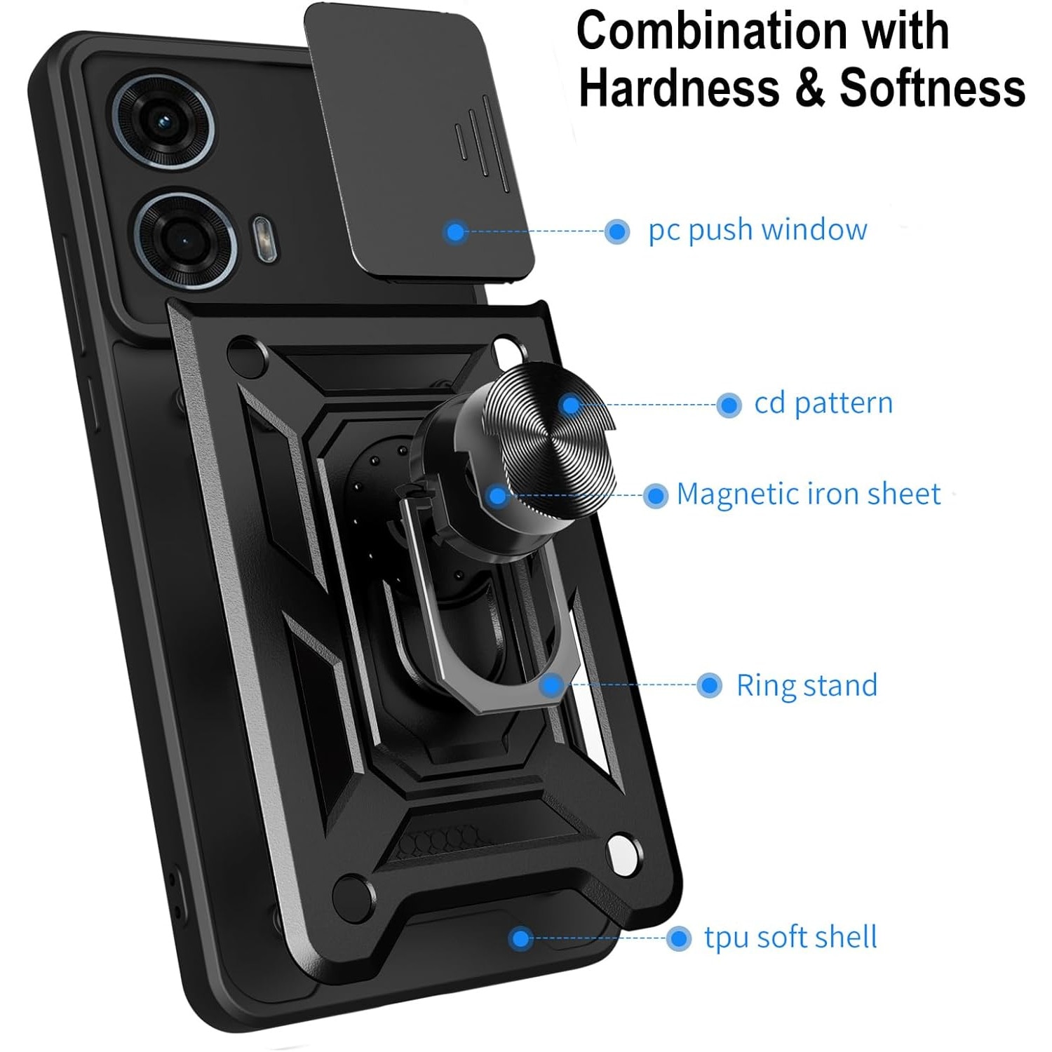 Husa pentru Motorola Moto G04 / G24, G24 Power, Anti-Shock Rugged cu inel rotativ, Ring Armor Kickstand, cu slider pentru protectie lentile, Aiyando, negru