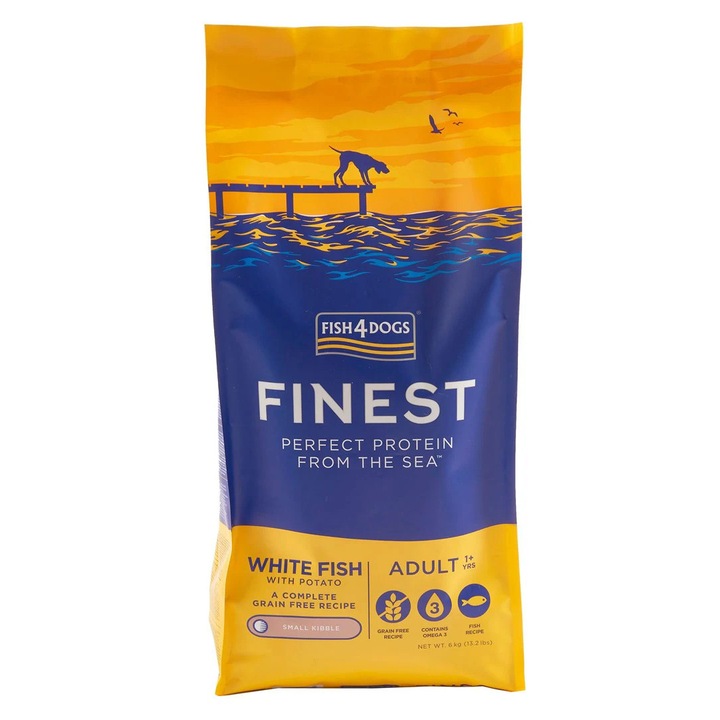 Hrana uscata caini FISH4DOGS Finest Adult peste alb si cartofi, crochete mici 6kg