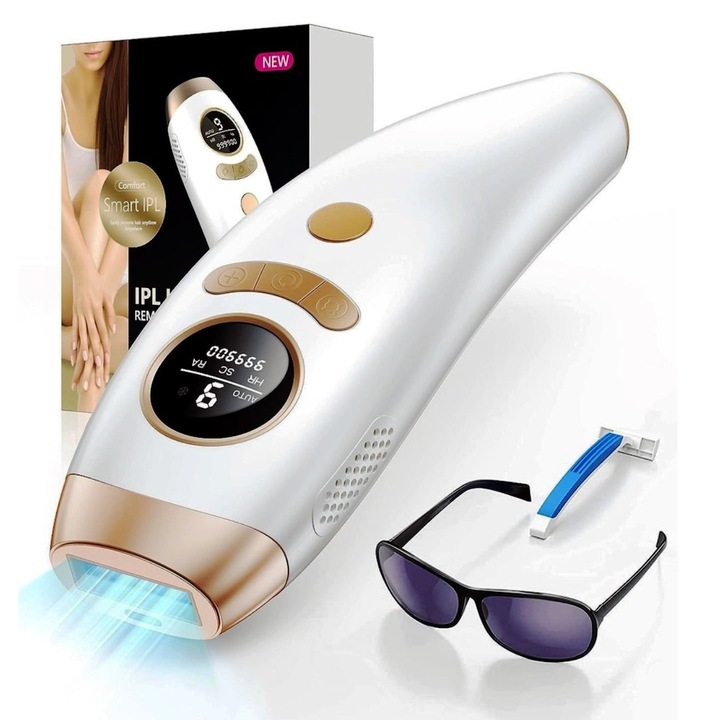 Epilator IPL Xenomo® GLOW, Pentru epilare definitiva fara durere, Tehnologie IPL, 9 Trepte de intensitate, Mod Automat si Manual, Pentru femei si barbati, fata, corp, axila, inghinal, Senzor piele, Alb