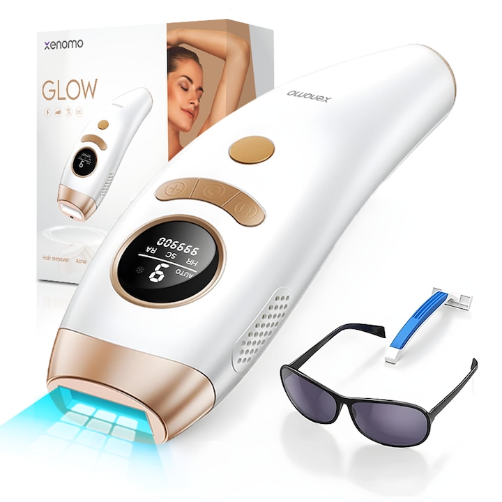 Epilator IPL Xenomo® GLOW, Pentru epilare definitiva fara durere, Tehnologie IPL, 9 Trepte de intensitate, Mod Automat si Manual, Pentru femei si barbati, fata, corp, axila, inghinal, Senzor piele, Alb