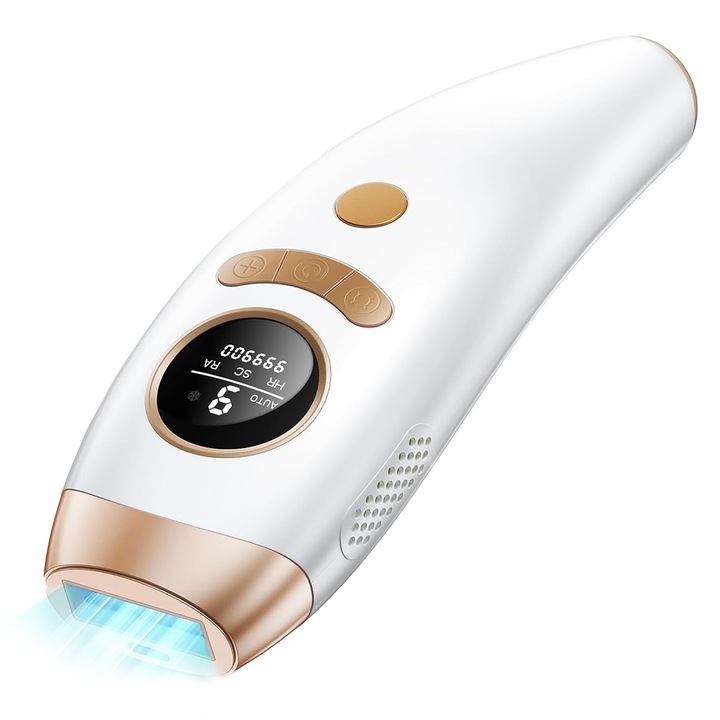 IPL epilátor Xenomo® GLOW, tartós szőrtelenítéshez fájdalom nélkül, IPL technológia, 9 intenzitási fokozat, automatikus és kézi üzemmód, nőknek és férfiaknak, arc, test, hónalj, lágyék, bőrérzékelő, fehér