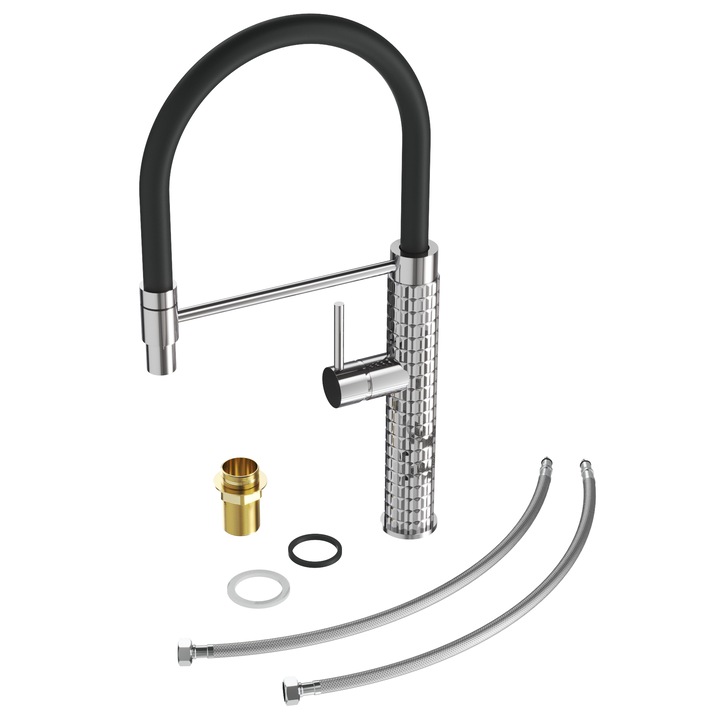 Смесител за кухня с гъвкав душ, хромиран смесител за мивка fano, сребрист