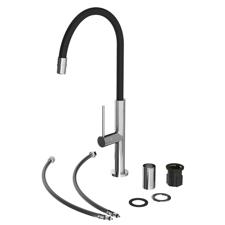 Смесител за кухня с гъвкав сребрист хром душ, кран за мивка за баня