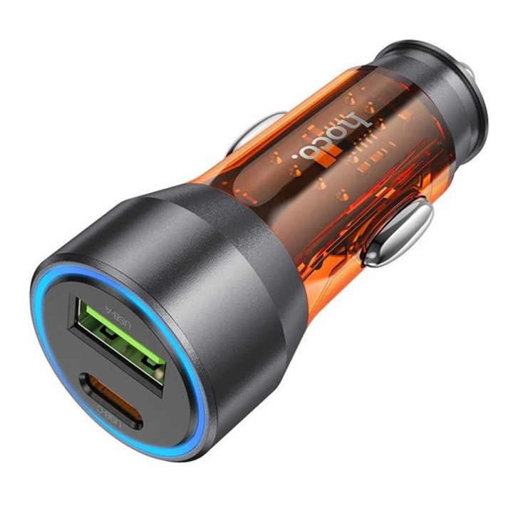 Hoco autós töltő usb+type-c aljzat (43w, pd gyorstöltő, led jelzés) narancssárga
