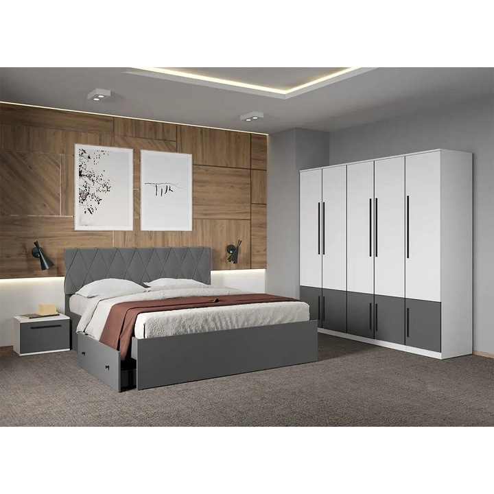 Set dormitor, fara Comoda, Alb cu Gri Antracit, Sidney, C34, Pat 160x200, Dulap, Noptiere