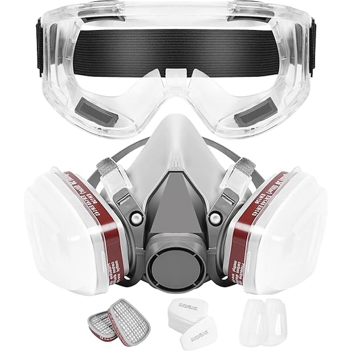 Set ochelari si masca de protectie, Axroad Mall, Cu 2 filtre de carbon activ, 10 filtre din bumbac, Protectie impotriva vaporilor, vopselei si prafului, Banda elastica ajustabila, Ergonomic, TPE/Plastic, Gri/Transparent
