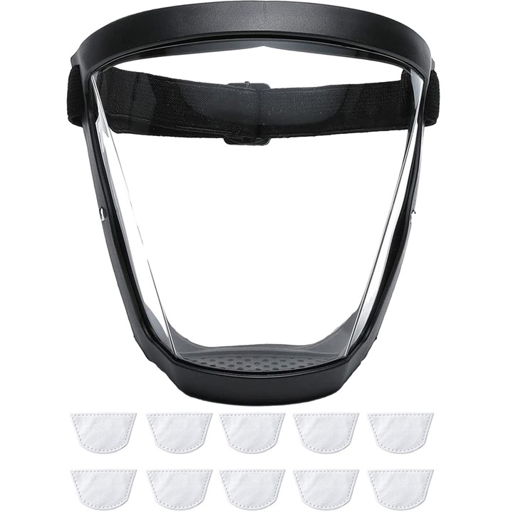 Masca de protectie anti-aburire super-protectiva, Axroad Mall, Banda elastica ajustabila, Cu 10 filtre bumbac, Usor de curatat, Protectie reutilizabila pentru ochi, nas, gura, PC, 170*185mm, Negru/Transparent