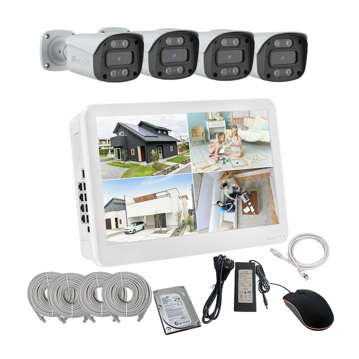 Kit de supraveghere video ENVIO complet IP POE cu 5 camere FULL COLOR 4MP PESS-KIT5CHMDFM70H400DLM-HDD