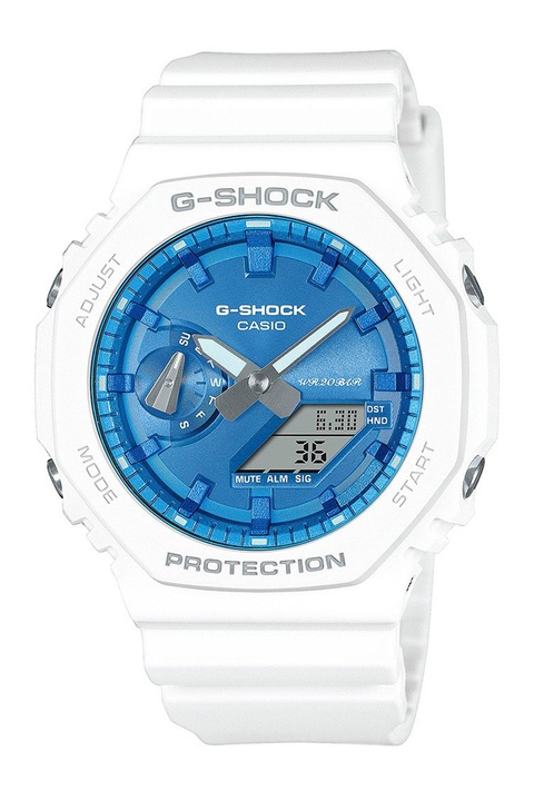 Casio, Електронен аналогов часовник G-Shock, Бял, Светлосин