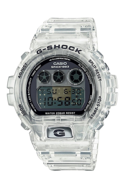 Casio, Дигитален часовник G-Shock с пластмасова каишка, Черен, Прозрачен