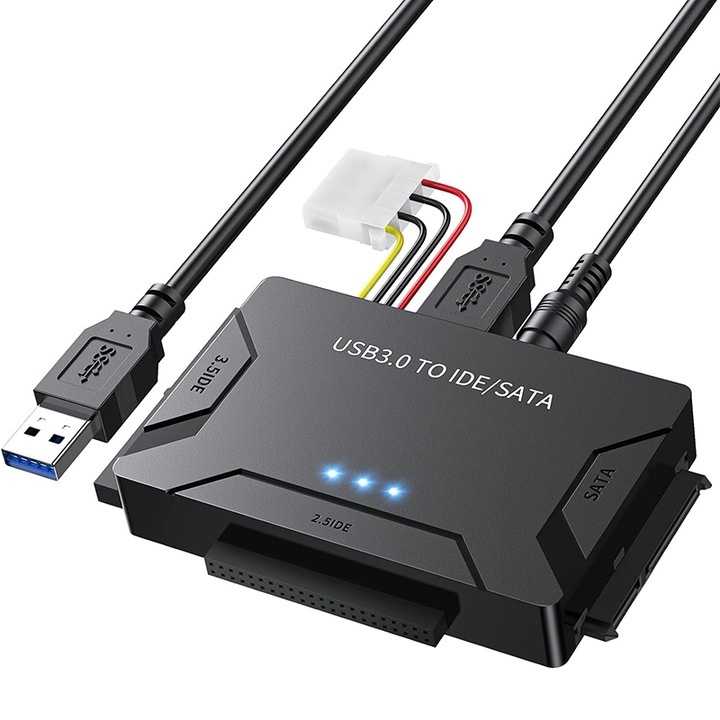 Адаптер USB 3.0 към SATA/IDE 2.5/3.5 инча, 3 в 1, Chucai, Plug and play, Захранване, Черен